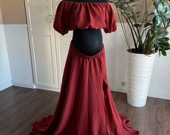 Maternity dress, cotton pregnancy dress for Photoshoot,  red cotton  dress, two piece cotton dress