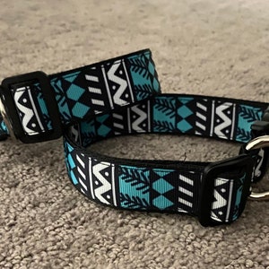 Teal, black, and white geometric pet collar. 1” width, adjustable length