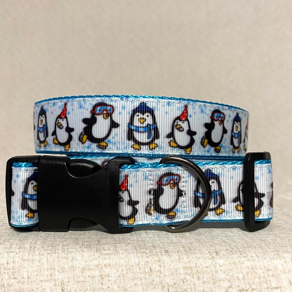 Winter fun penguins Pet collar and leash. 1” wide. Machine washable, adjustable length. Skating, party hats, scarves and hats