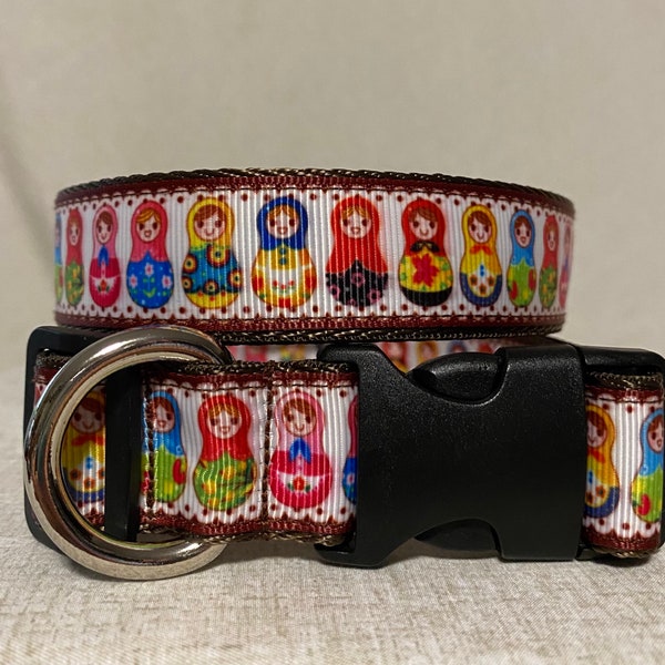 Matryoshka, Russian Nesting Doll, themed pet collar. Filigree edge and multiple patterned dolls Adjustable length, machine washable. 1” wide