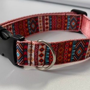 Multi-colored Aztec print pet collar. Brown, Pink, Turquoise, White. 1” width, Adjustable Length, Machine Washable