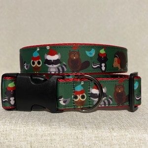 Winter woodland animals pet collar and leash. 1” wide. Machine washable, adjustable length. Santa hats, eat muffs, hedgehog, skunk, raccoon,