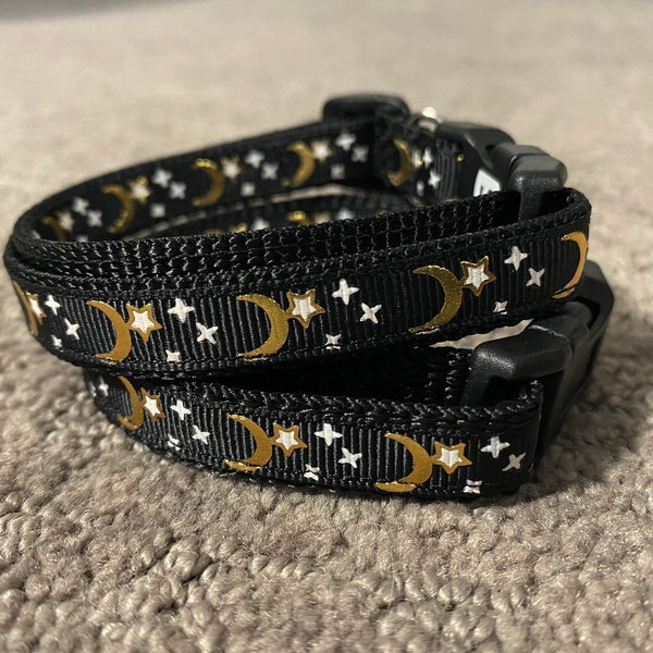 Reflective Nighttime moon and stars. Black background. 1/2” wide pet collar. Adjustable Length