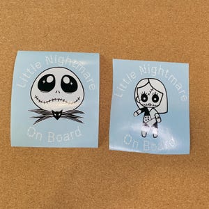 Naklejki Nightmare Before Christmas, naklejka na samochód, Mały koszmar na pokładzie, szyba samochodu, Jack i Sally, Dziecko na pokładzie, dla rodziców