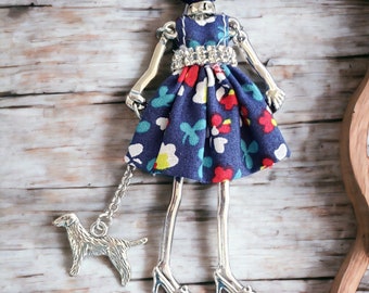 Paris Doll Necklace Navy Blue with Flowers Silver, Dog Walking Charm, Mother's Day, Best Girlfriend Gift, Free Shipping!