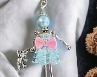 Paris Doll Ketting Blauw met Roze Strik Zilver, met Teddybeer Charme, Moederdag, Beste Vriendin Cadeau, Gratis verzending!