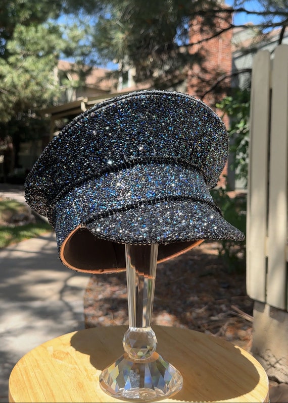 Black Rhinestone Studded Captain Hat Black Crystal Rhinestone Captain Hat - Festival Military Hat  main image 3