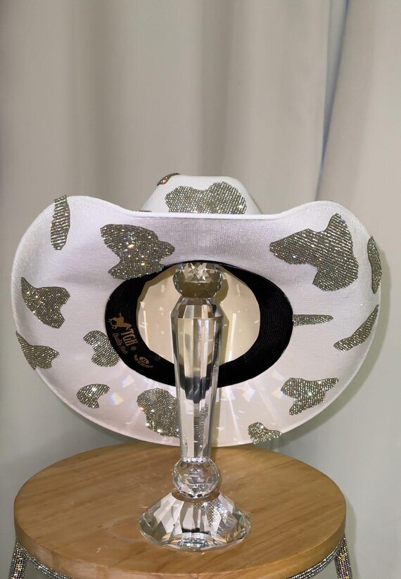 Cow Print Cowboy Hat with Silver Accent Cow Print Rhinestone Cowgirl Hat. Western Wedding. Country  main image 2