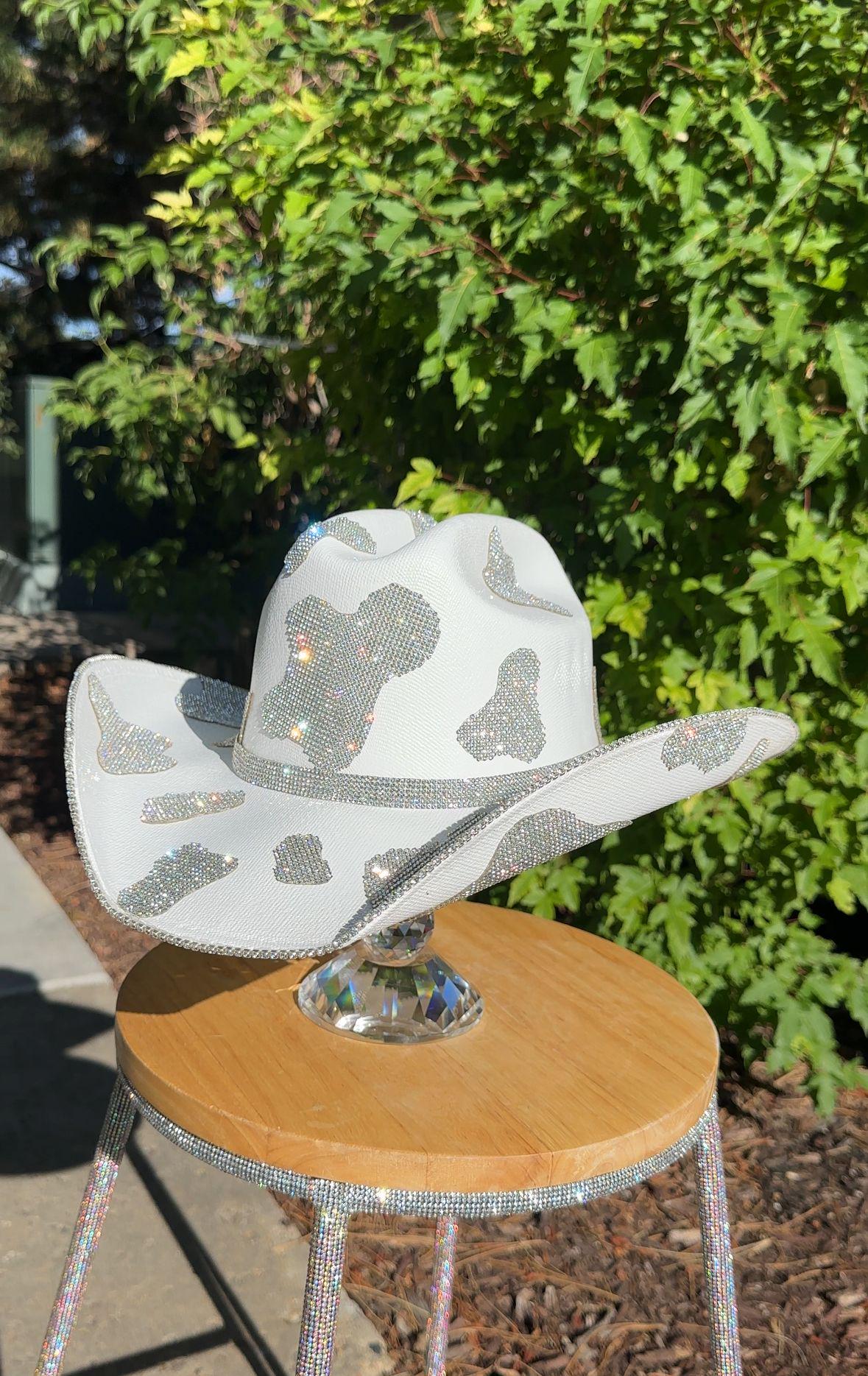 - Cow print rhinestone cowboy hat Pink Cowprint Cowboy Hat With Silver Rhinestone Fringe - Etsy main image 2