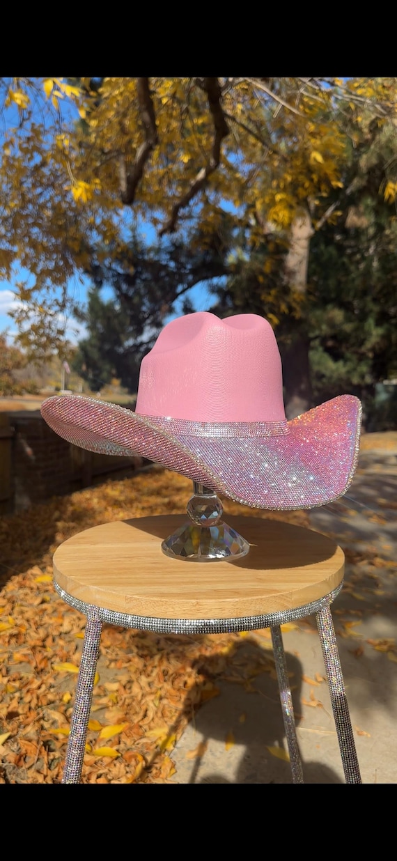 Pink hat with jeweled trim Pink Cowboy Hat With Rhinestone Fringe and Rhinestone Hat  main image 4
