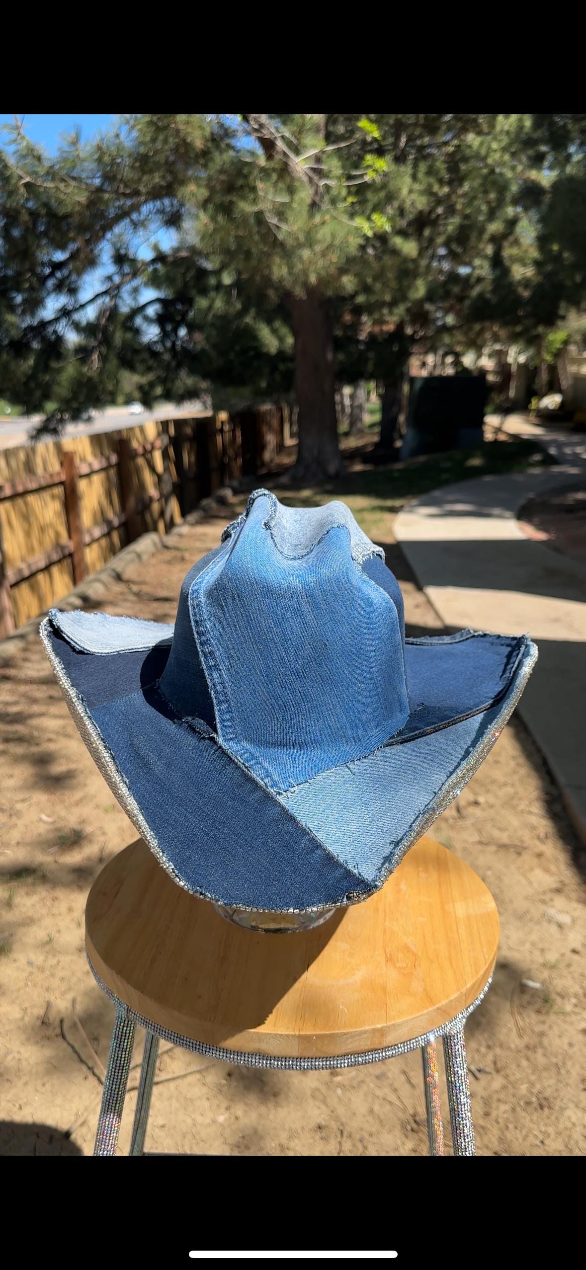 4244 Western Cowboy Hat For Women Man Denim Wide Brim Cowgirl Party Denim & Diamonds W/ or W/o LED. Fully Rhinestoned  main image 4