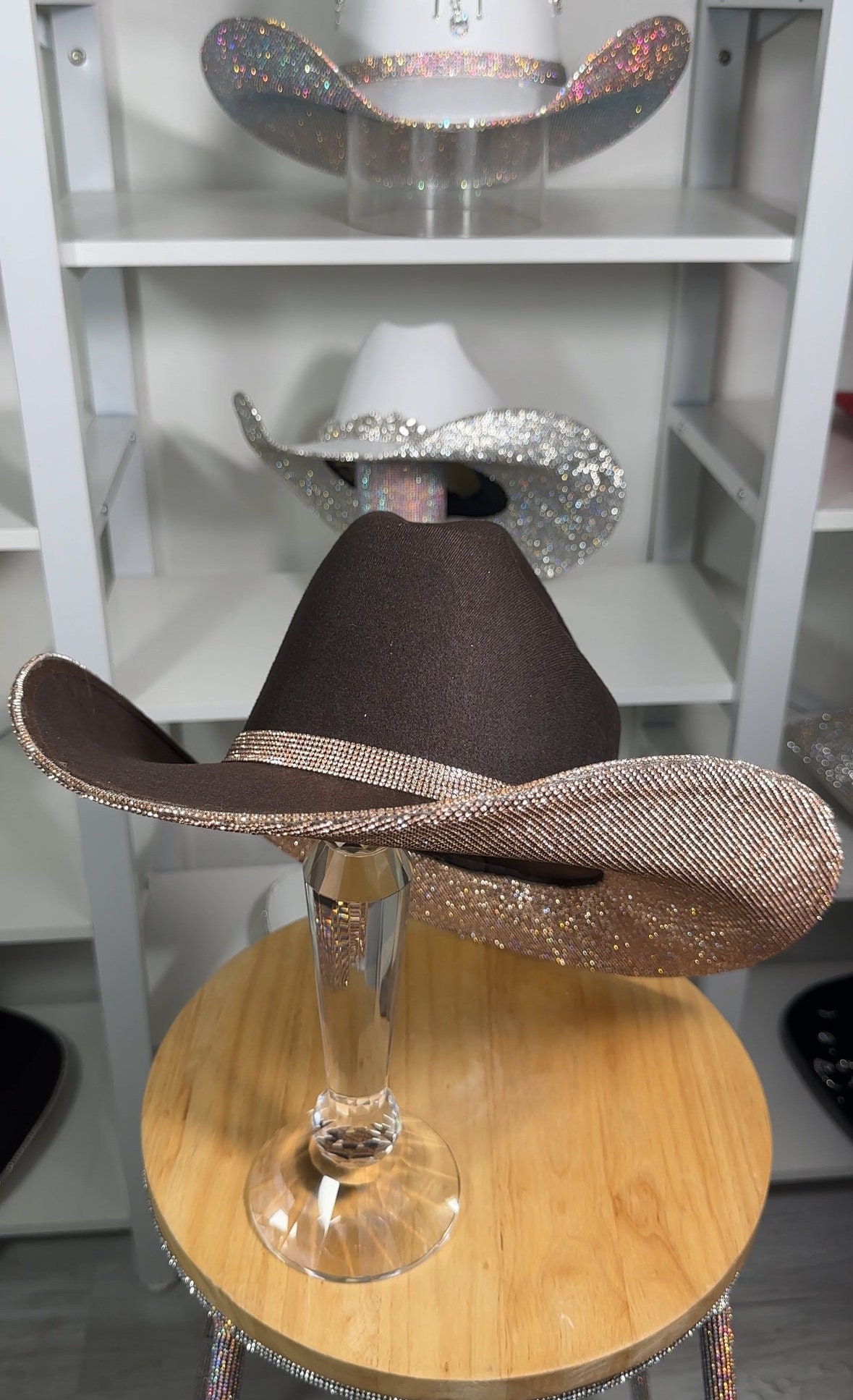 Black or Brown Felt Rhinestone Cowgirl Hat. Western Wedding  display picture 2