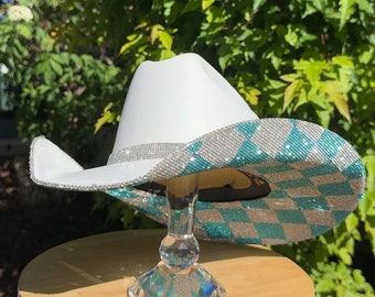 Checker or Diamond Rhinestone Cowgirl Hat. Western Wedding. Country Concert. Space   Costume. Bridesmaids Outfits. Bachelorette Party
