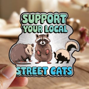 Support Your Local Street Cats Funny Sticker - Featuring Raccoon, Opossum, and Skunk Trash Panda Decal for Cars, 3.7&quot;x3.7&quot;