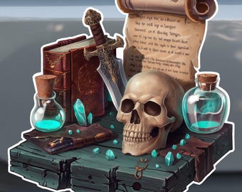 May include: A wooden box containing a skull, a book, a sword, two bottles of potion, and a scroll with text that reads "Wiger ange the brethate or Nay or oil ing e laube Povesti orhiav lange tiewe by tol de who be set the cagh to far optine".