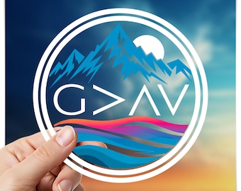Christian Vinyl Decal: God is Greater, Mountain Sunrise Sticker