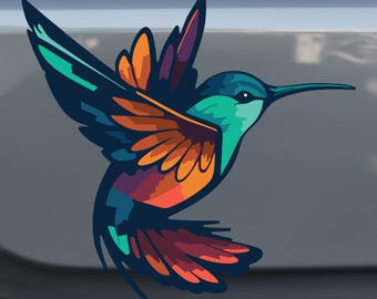 May include: A colourful hummingbird with blue, green, orange and red wings in flight. The hummingbird is a popular motif for home decor and gifts.