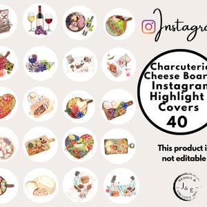 40 Charcuterie Instagram Story Highlight Covers, Watercolor Food Covers, Cheese Board Instagram Icons, Charcuterie Board Ig icon, Picnic Ig