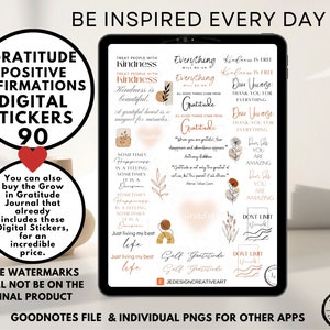 May include: A digital sticker set with 90 positive affirmations and quotes about gratitude, kindness, and self-love. The stickers are in a minimalist style with brown, white, and orange colors. The text includes phrases like "Treat people with kindness", "Everything will be ok", "Dear Universe, thank you for everything", "Just living my best life", and "Don't limit yourself".