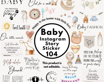 May include: A set of 104 baby-themed Instagram story stickers. The stickers feature illustrations of a baby, a sun, a tooth, a camera, a heart balloon, a lion, a baby carriage, a baby wearing clothes, a baby bottle, a hot air balloon, a stack of rings, a birthday banner, and more. The stickers are in a variety of colors, including pink, blue, yellow, green, and brown.