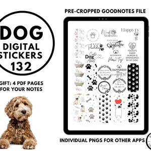 Peut inclure: Un pack de stickers numériques pour Goodnotes avec 132 stickers sur le thème des chiens. Les stickers comprennent des empreintes de pattes, des os de chien et des phrases comme "Woof Morning", "Dog Hair is my Glitter", "Let's Have Paw-ty", et "Happiness is... wagging that tail".