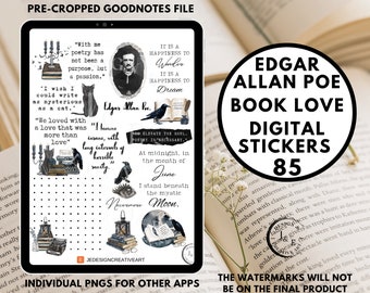 Edgar Allan Poe Goodnotes Stickers, Book Love Digital Stickers for GoodNotes, Bookworm Stickerbook, Digital Planner Stickers, Bookish Love