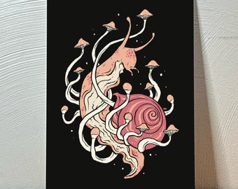 Lámina artística de hongo caracol: ilustración caprichosa