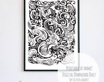 Paisley illustration, paisley poster, digital download, line art, wall decor, black and white illustration.