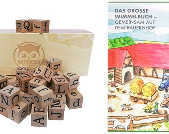 Language learning bundle: wooden alphabet blocks + hidden object book