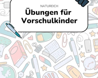 May include: A white background with colorful illustrations of school supplies, including a book, a pencil, a ruler, a globe, a school bus, a paper airplane, a paintbrush, a star, a heart, a paperclip, a pair of scissors, a bell, a backpack, and a pair of glasses. The text "NATUREICH" and "Übungen für Vorschulkinder" is in black text on a white rectangle.