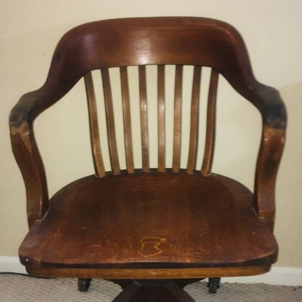 Antique 1920's Solid Oak Wood SIKES #1229 Lawyer's Banker's Court House Swivel Tilt Roll Barrel Back Office Arm Chair Handmade Art Deco USA!