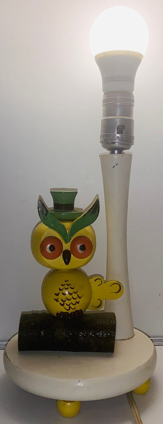 Vintage Mid-century Wooden Yellow Owl on Log W Top Hat