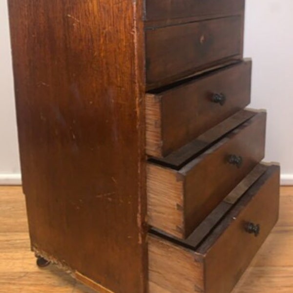 Antique Solid Wood Footed Desk Table Top Jewelry 5 Drawer Chest Vanity Cabinet Box Drug Store Apothecary Medical Cabinet 8X15 IN Rare Find!