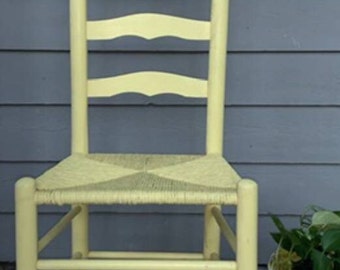 Vintage Antique Yellow Shaker Country Oak Ladder Back Dining Chair with Hand Woven Rush Seat Handcrafted U.S.A.!
