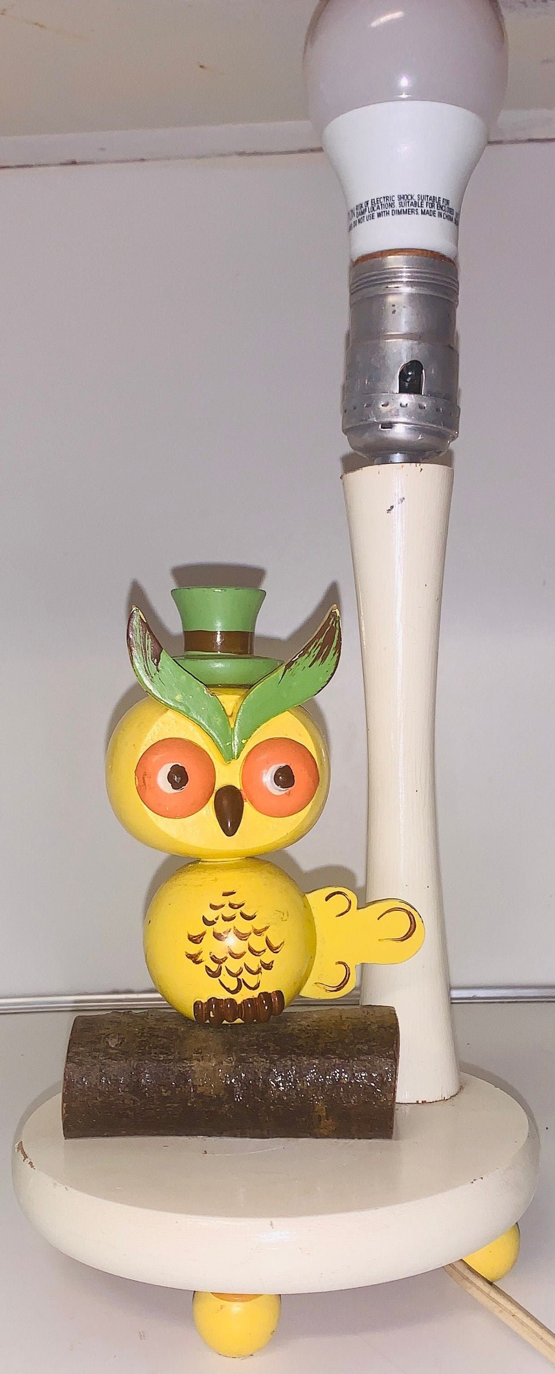 Vintage Mid-century Wooden Yellow Owl on Log W Top Hat