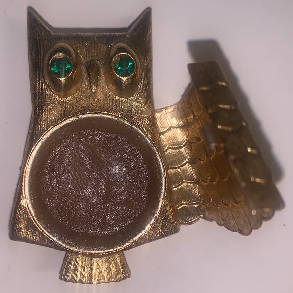1960's Signed Gold w/ Green Rhinestone Eyes Avon Owl Brooch Pin Perfume Scent Locket Costume Jewelry -Vintage Mid-Century Modern