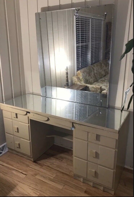 Vintage Mid century Art Deco Style 1940 s Glass Mirrored Top 7 Drawer cinderella Vanity Table Makeup Desk Dresser W Mirror Tag U.S.A. Etsy