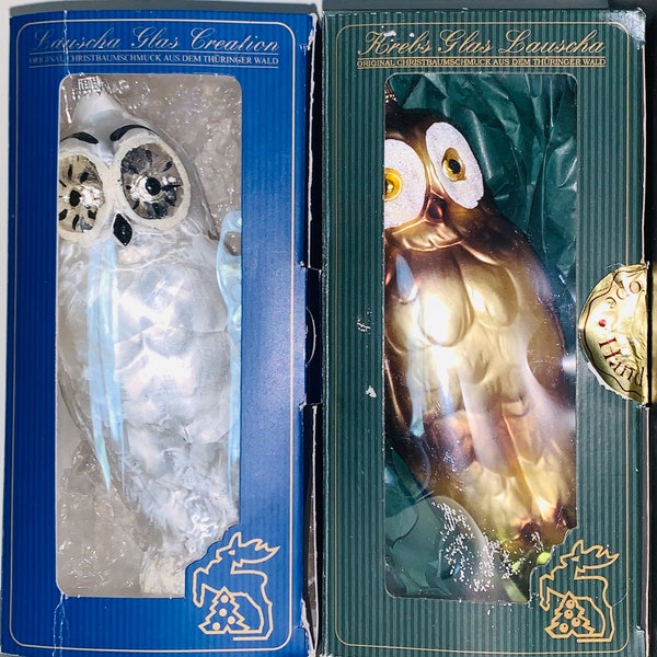 Vintage KREBS GLAS LAUSCHA Brown White Glass Owl / Bird Christmas Ornament 7 in. w Original Box Pair Set 2 Mouth Blown in Germany!