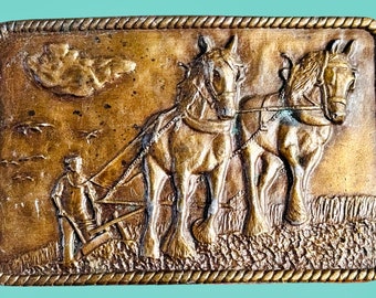 Vintage 70s Brass Metal Belt Buckle Farmer Draft Horse Western Cowboy rancher