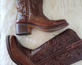 Frye Campus Floral Chunky Western Boots Vintage ~ RARE ~ Hippie Cowgirl Boho Brown Leather Size 10 Chunky Heels Y2K Cowboy