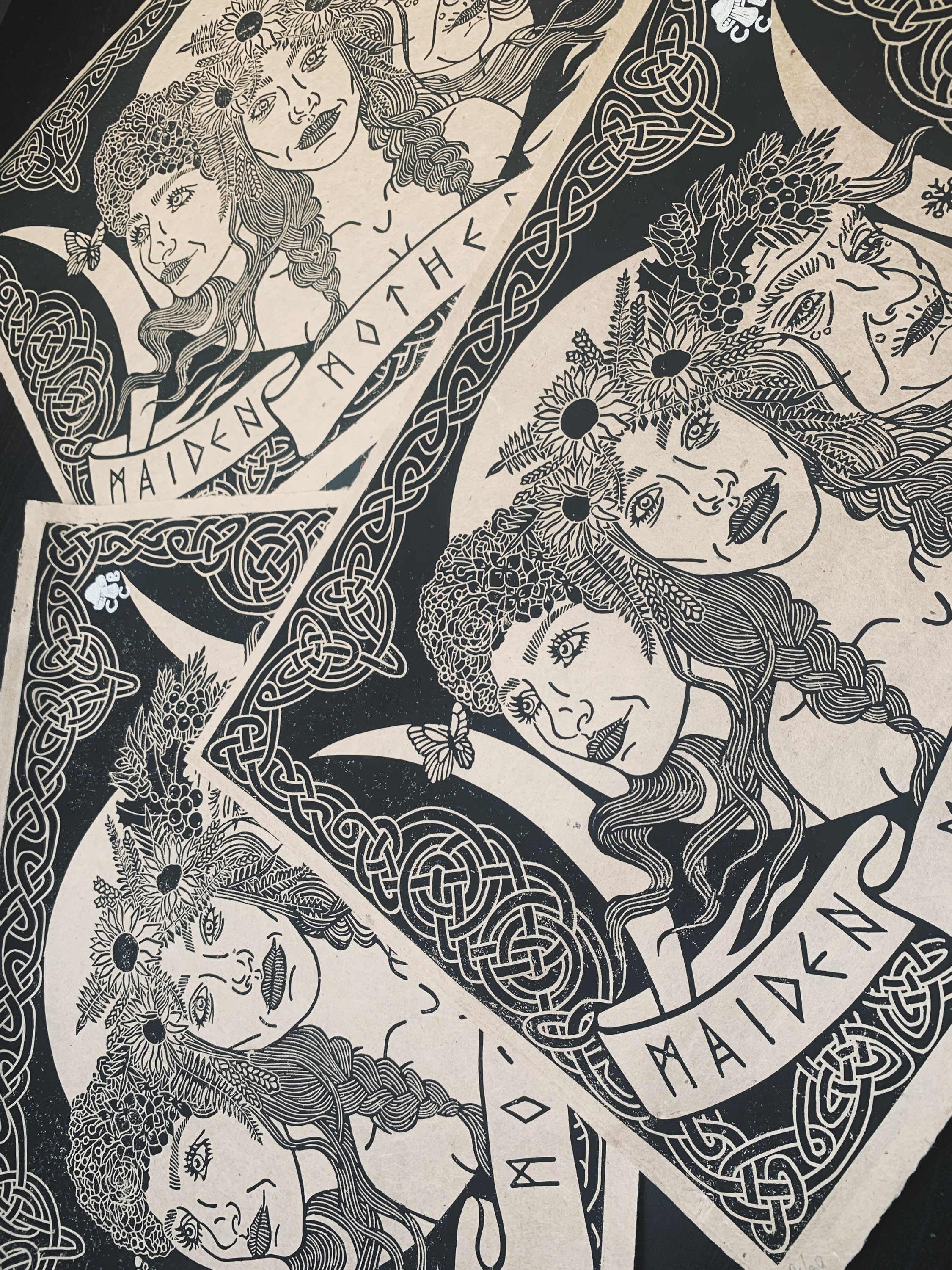 Triple Goddess A3 Black Lino Print on Handmade Brown Paper - Etsy Canada