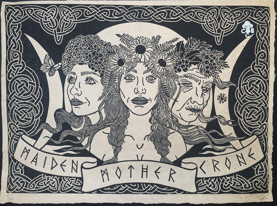 Triple Goddess A3 Black Lino Print on Handmade Brown Paper - Etsy Canada