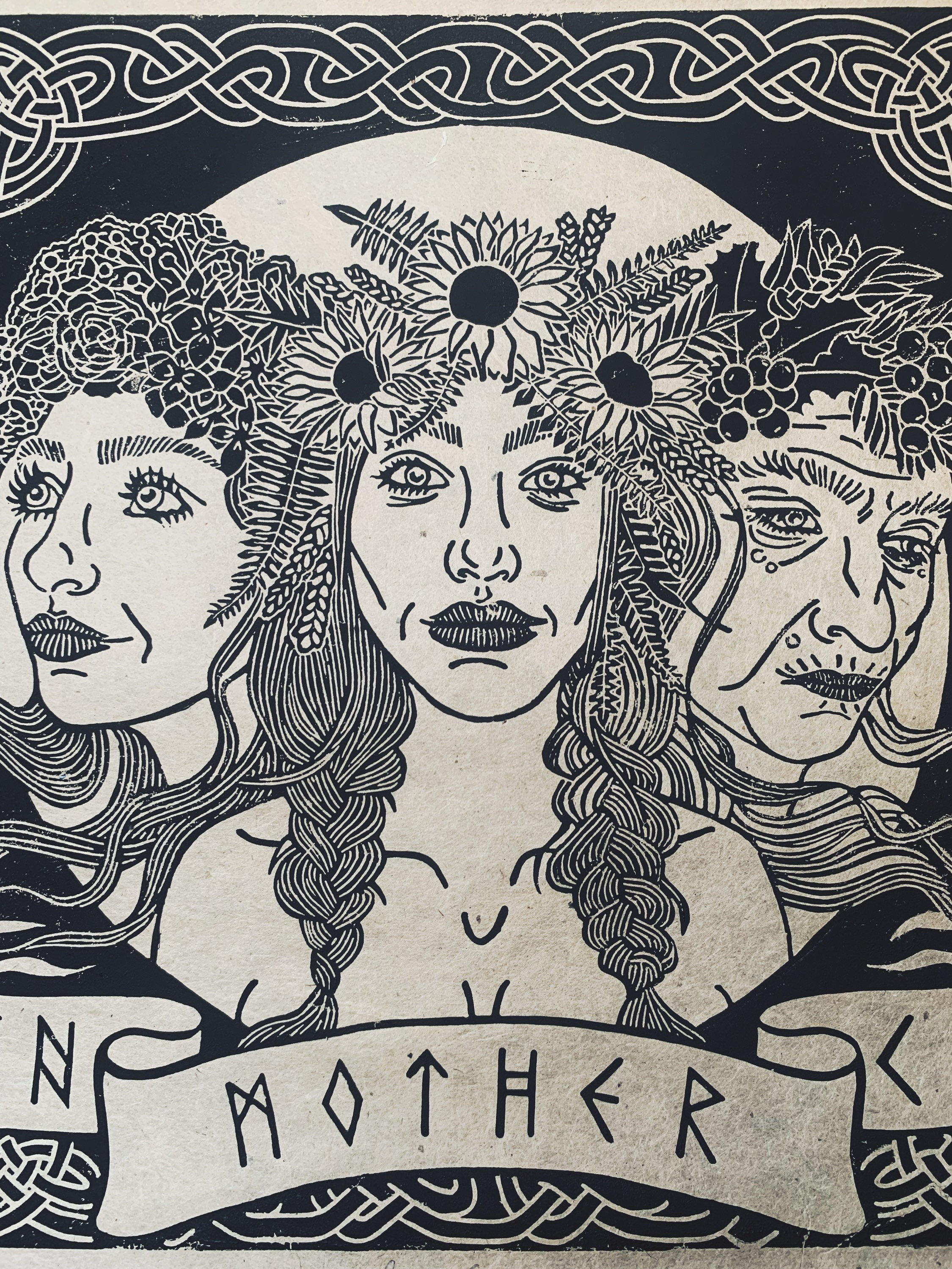 Triple Goddess A3 Black Lino Print on Handmade Brown Paper - Etsy Canada