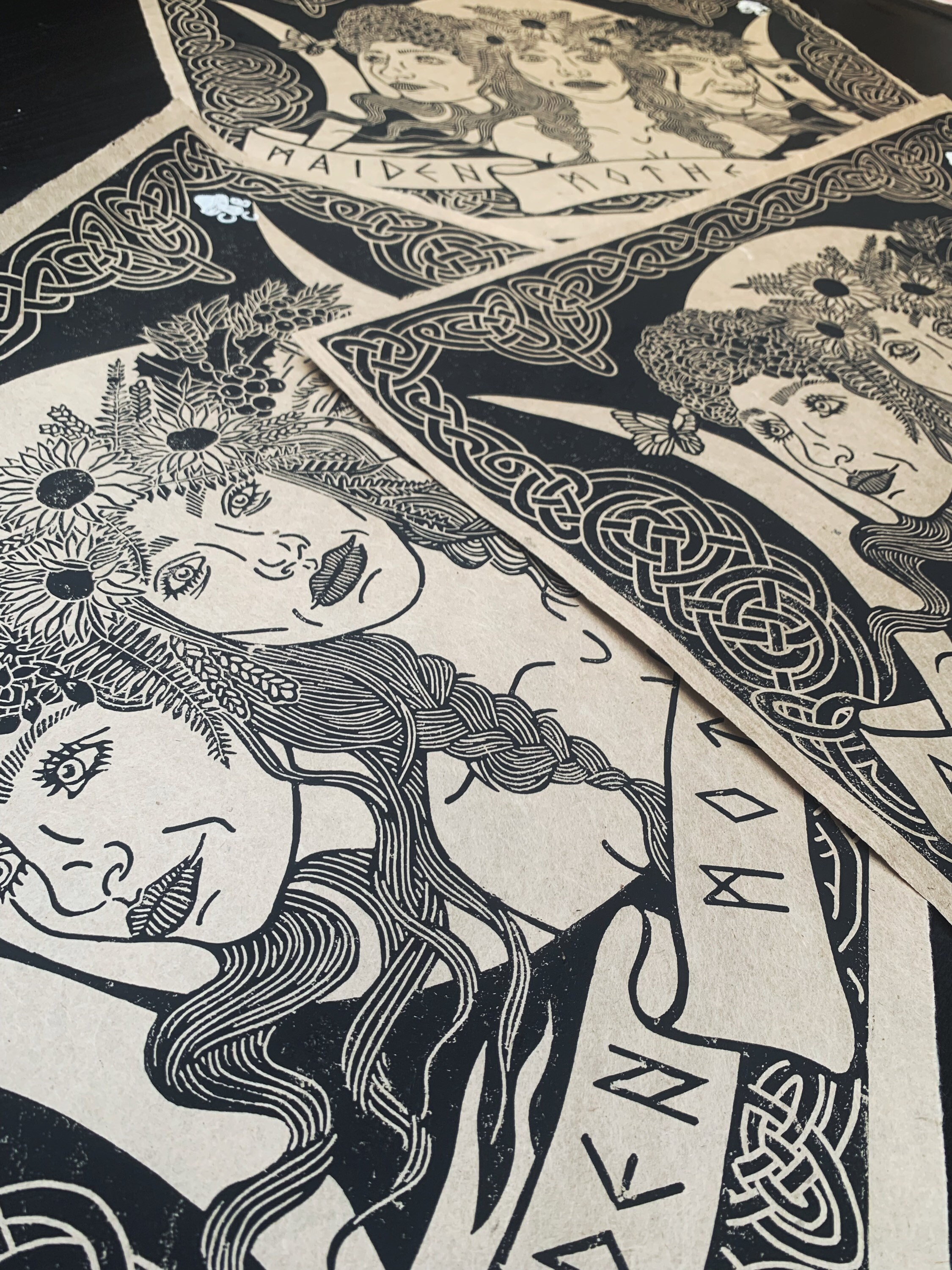 Triple Goddess A3 Black Lino Print on Handmade Brown Paper - Etsy Canada