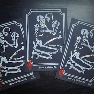 Lovers of Valdaro A4 Handmade Gothic Skeleton Lino Print With 24k Gold Leaf Valentine’s Day Anniversary.