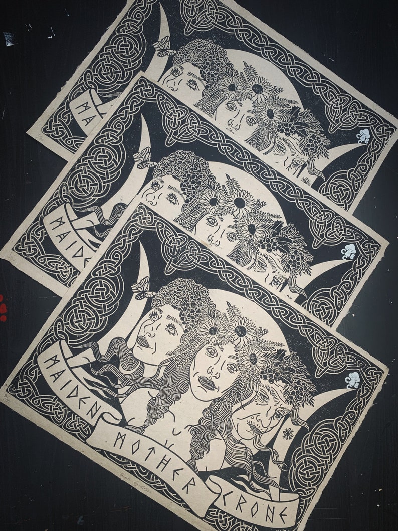Triple Goddess A3 Black Lino Print on Handmade Brown Paper - Etsy Canada