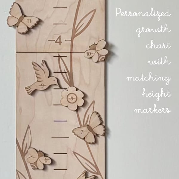 Personalized Wooden Growth Chart w/ Height Markers, Wood Height Chart for Kids, Personalized Baby Gift, Gift for Kids, Nature, Wildflowers