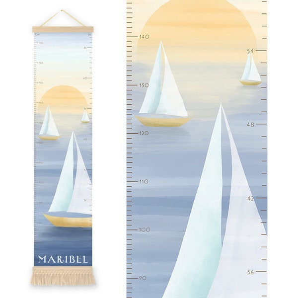 Personalized Growth Chart for Kids, Kids Height Chart, Sailboats,Ocean Themed Nursery,Nautical Theme,Boats,Family Growth Chart,Navy Blue