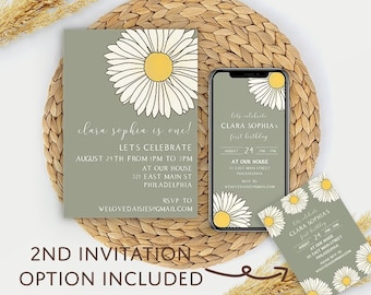 Daisy Birthday Invitation, Daisy First Birthday, Daisy Birthday Party, Daisy Printable, Editable, Sage Green, 5x7, Phone Invitation