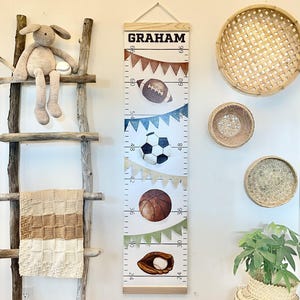 Personalized Sports Growth Chart - Baseball Basketball Football Soccer Kids Height Tracker Nursery Bedroom Decor